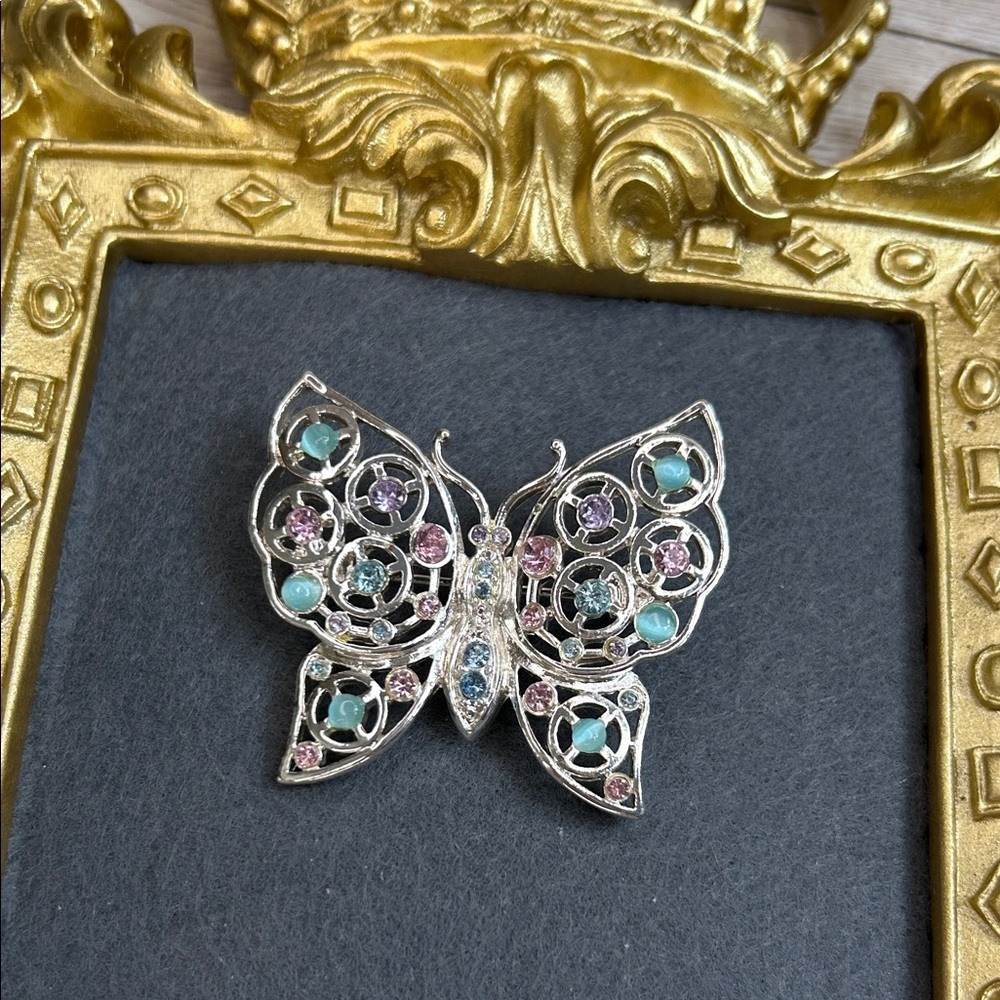 Silver Butterfly Brooch with Multicolor Gems